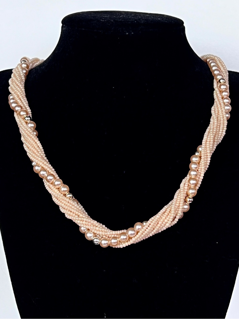 Vintage Multistrand Torsade Pink Champagne Faux Pearl Seed Bead Twisted Necklace